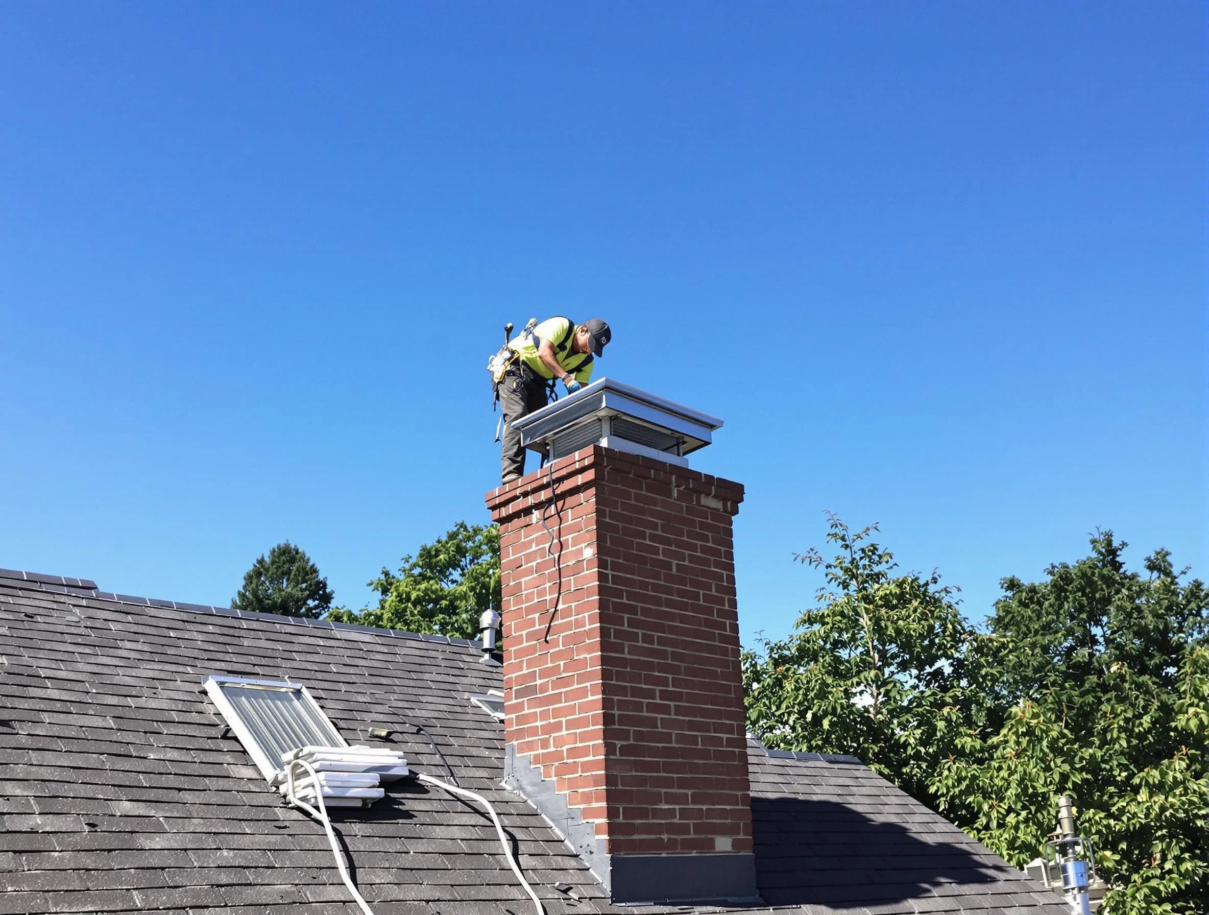 Payson Chimney Sweep technician measuring a chimney cap in Payson, UT